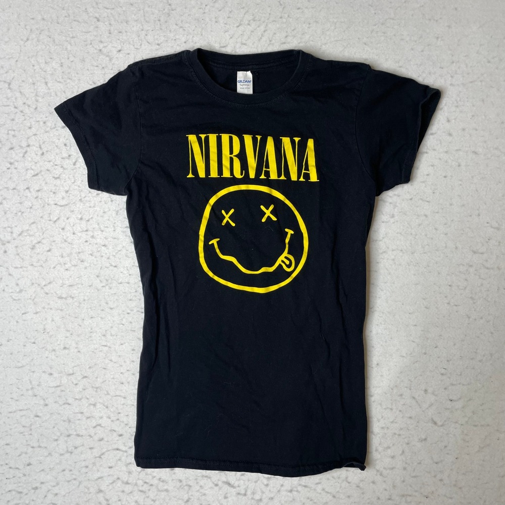 Nirvana‎ Smiley Face Graphic T-Shirt Black Gildan Softstyle Ladies Medium 2020